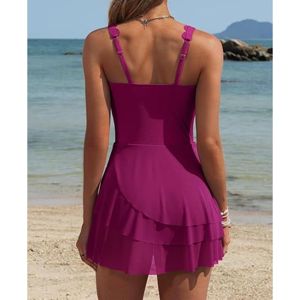 Charmoleaks Women One Piece Swimdress Tummy Control Swimsuits Full Coverage Bathing Suit Modest Mesh Sheer Swim Skirt