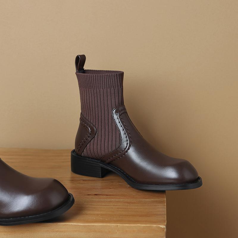 Krazing Pot Microfiber Autumn Winter Shoes Thick Med Heels Size 43 Chelsea Boots Back Knitwear Beauty Lady Stretch Ankle Boots