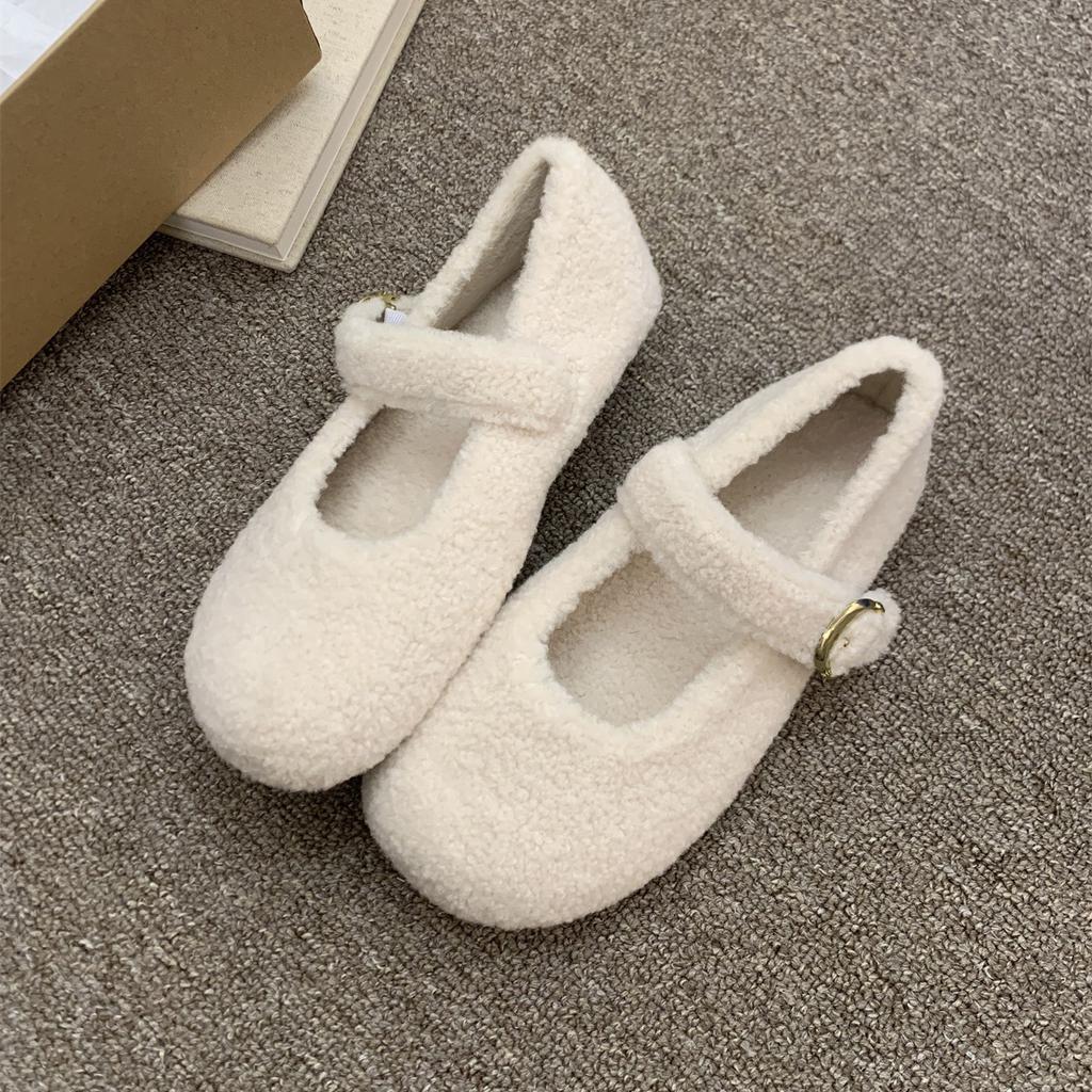 Gray Mary Jane Mao Mao shoes women's winter new woolen single shoes women's flat-bottomed velvet thermal cotton shoes