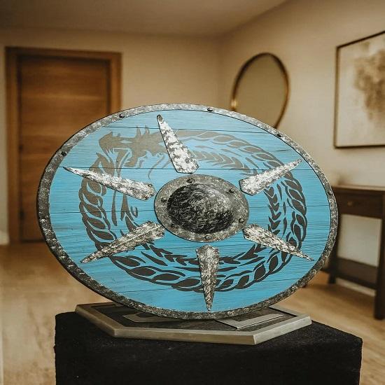 60.96 Cm Viking Dragon Wooden Shield Blue Battle Shield with Spiked Design Norse Warrior Decor Cosplay Prop Gift