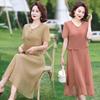 Chinese Inspired Two-Piece Short Sleeve Dress for Middle-Aged & Elderly Women - Summer Solid Color Trendy Mid-Length Skirt