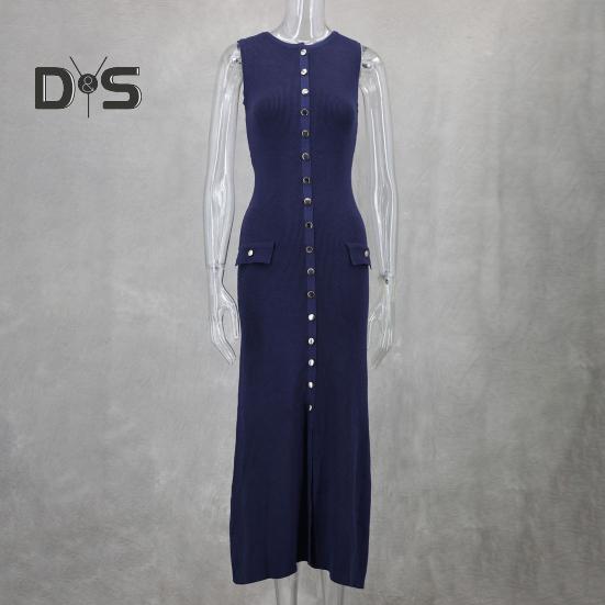 Letní dámské šaty Pletené pouzdro Slim Fit Jednobarevné Kulatý výstřih Elastické Bez rukávů Jednořadové knoflíky Délka do půli lýtek Midi šaty