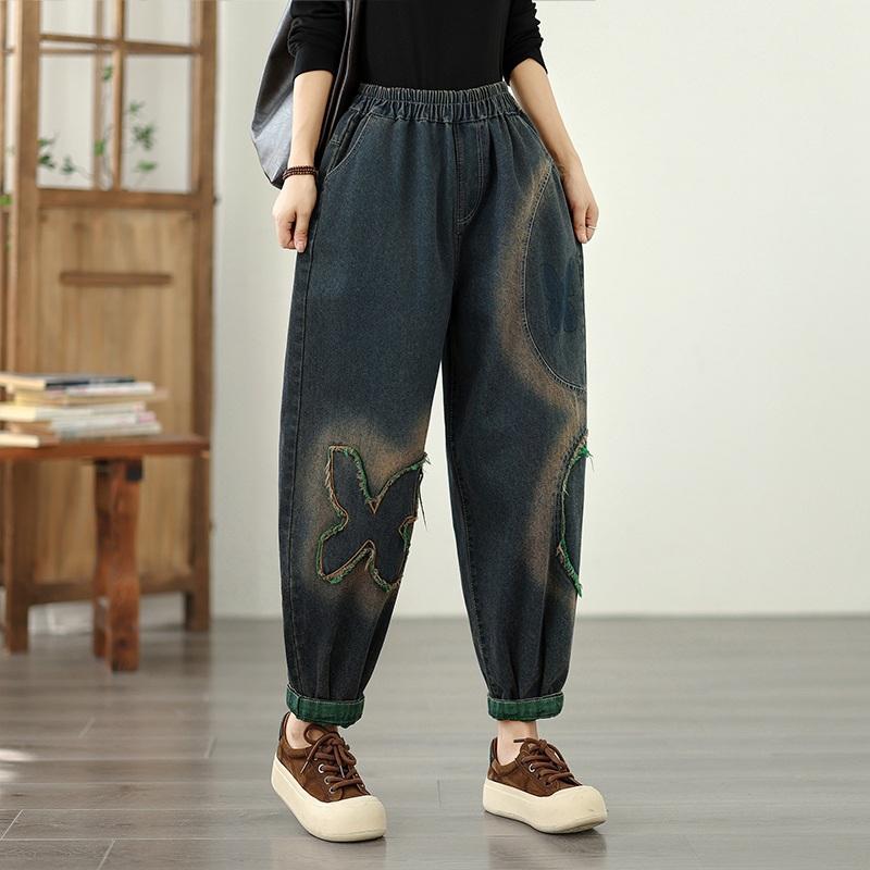 plus size Vintage embroidery high waist casual Women spring autumn jeans denim Harem Pants