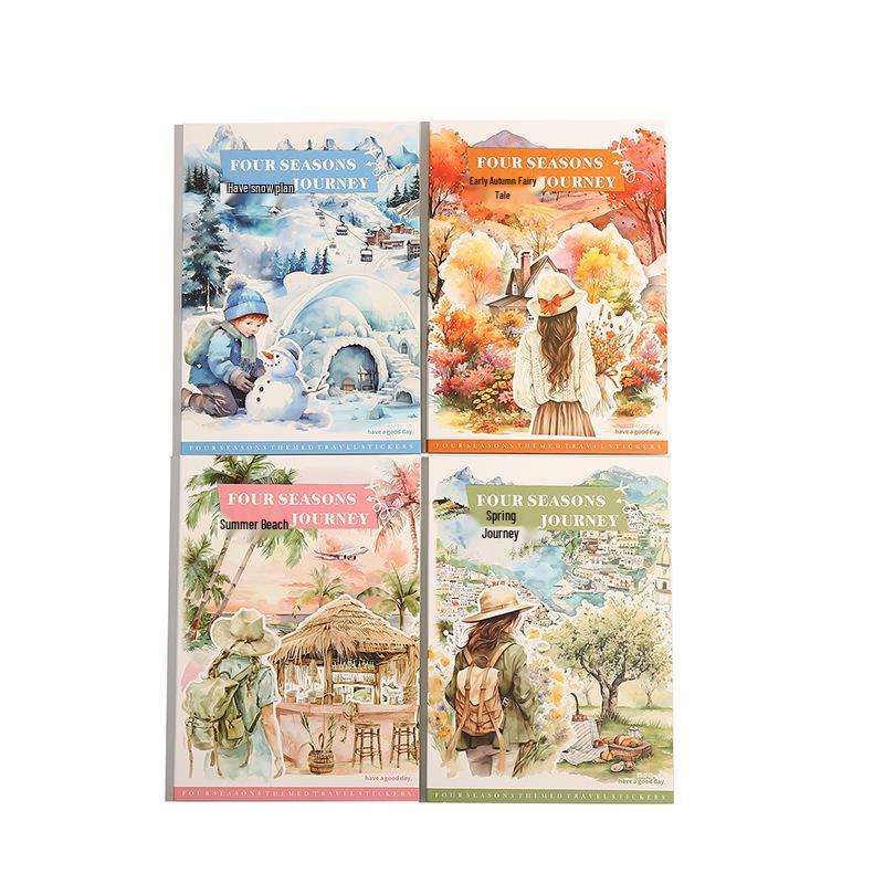 Four Seasons Journey Die-Cut Sticker Book: Travel-Themed Retro Scenery In 4 Styles