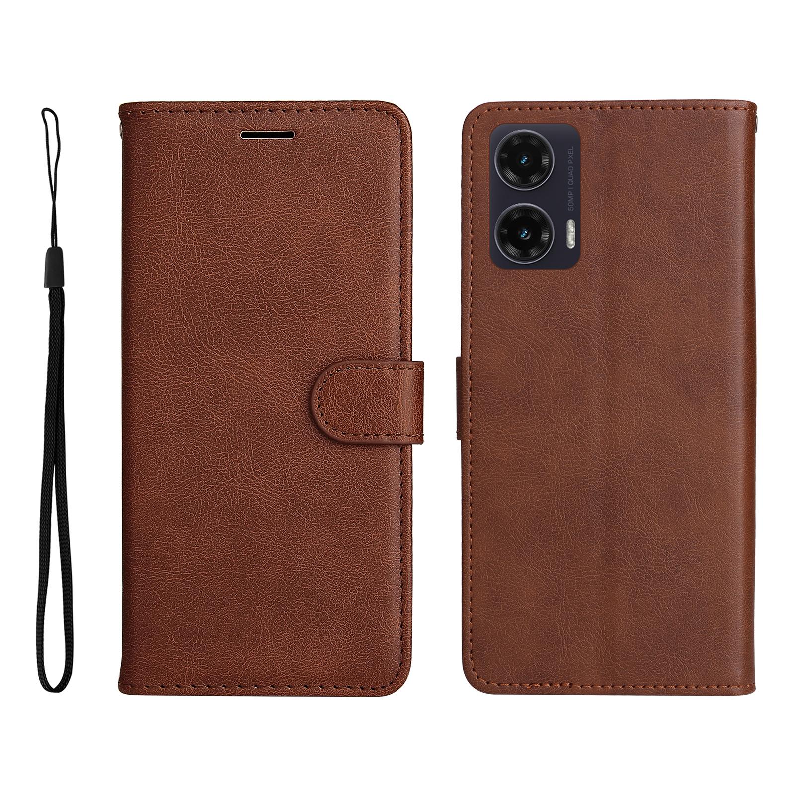 

For Motorola Moto G35 5G Leather Wallet Case with Strap Solid Color Phone Stand Cover Brown