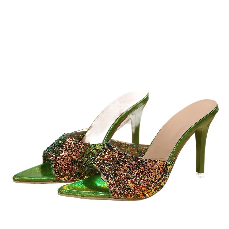 Fashion Pointed Colored Slim Heel Sexy Bling Sandals Slippers for Women Summer Party Prom Mules Shoes Gladiator Sandals Zapatos Mujer