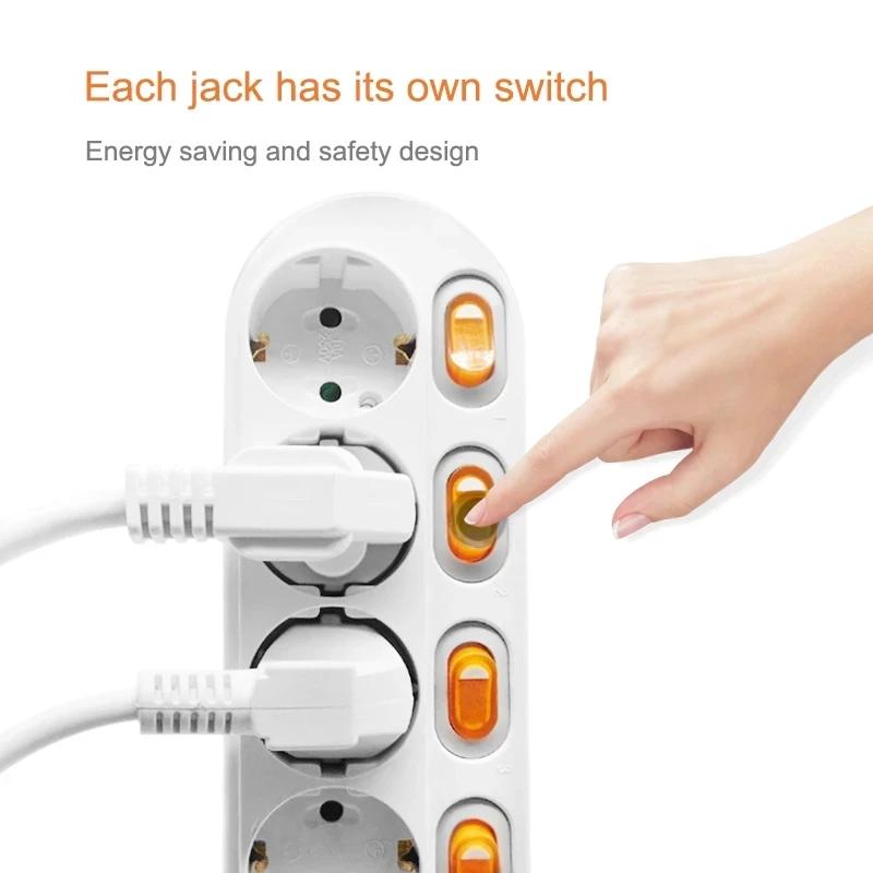 Melery Steckdosenleiste mit Überspannungsschutz, EU-Stecker, Steckdosen, elektrische Verlängerung, 16 A, Steckdose, unabhängige Steuerung, Schalter, 1,5/2 m Kabel