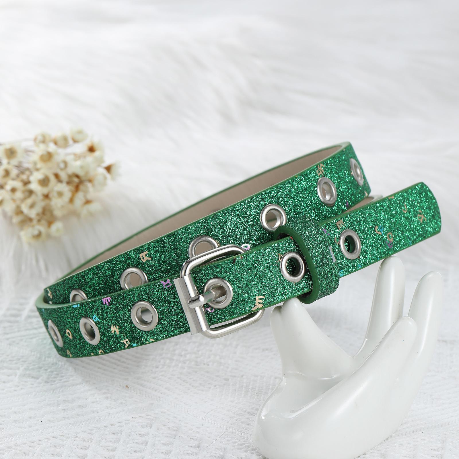

Детский для мальчиков и девочек с одинаковым панк-ремнем, ярким буквенным декором, студенческий ремень с проушинами 85cm зелёный