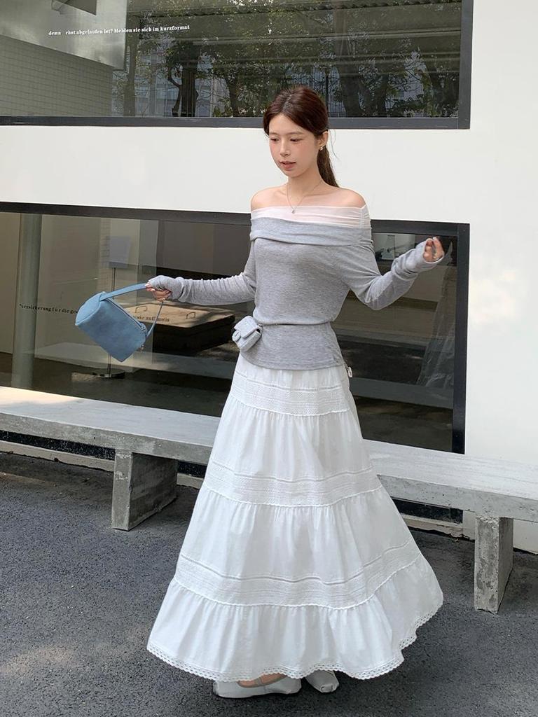 Women's High-Waisted White Cotton A-Line Skirt, Spring 2026 Korean Style, Casual Versatile Tiered Design