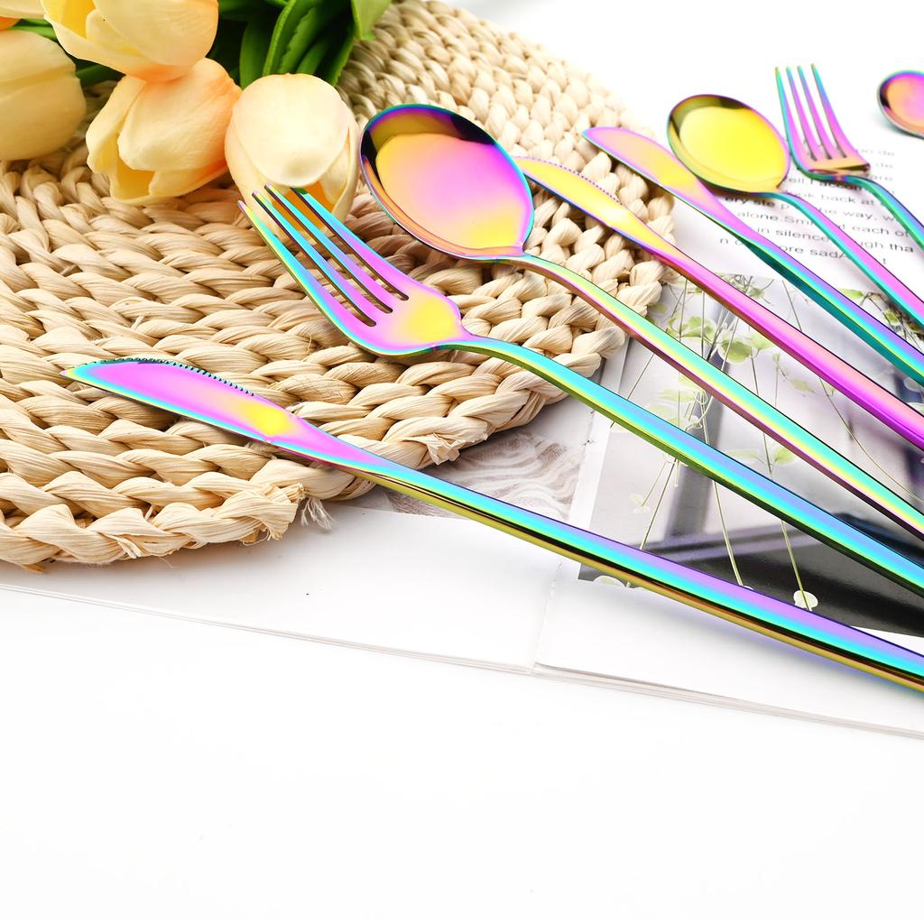 6Pcs Multicolor Cutlery Set Fork Knife Spoon Flatware Stainless Steel Dinnerware Set Long Ice Spoon Kitchen Tableware Set
