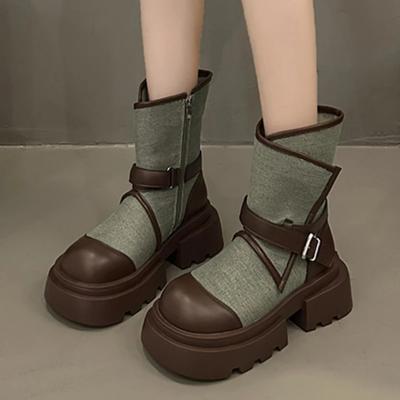 Mode 2024 Chaussures pour Dames Fermeture Éclair Latérale Bottes pour Femmes Automne Bout Rond Couleurs Mélangées Tige Courte Plateforme Talons Épais Bottes pour Dames