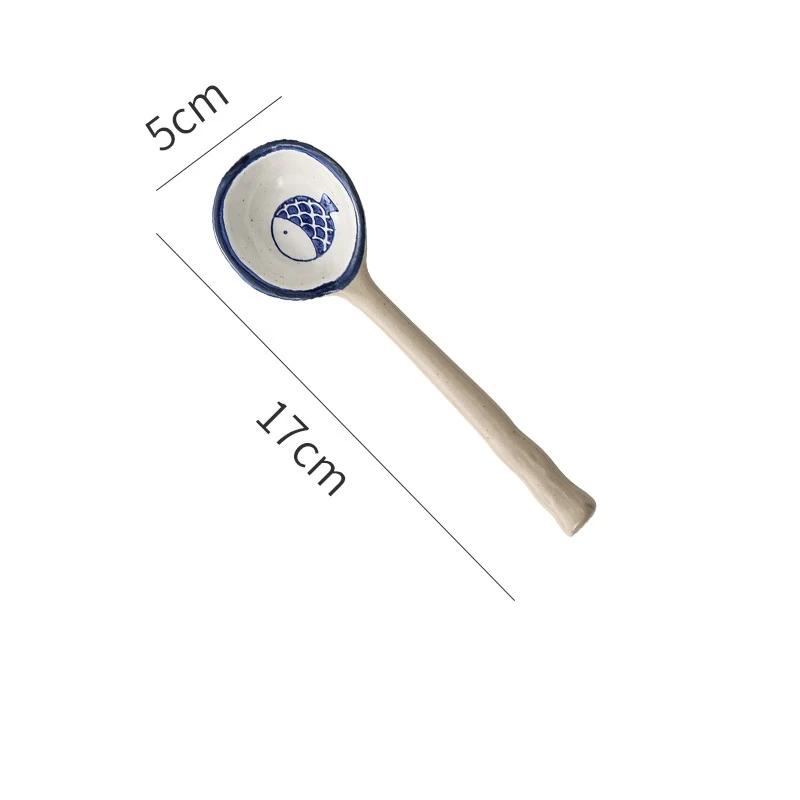 Japanese Style Ceramic Small Soup Spoon, Stoneware Spoon, Long Handle Spoon, Household Cute Creative Rice Spoon KitchenTableware