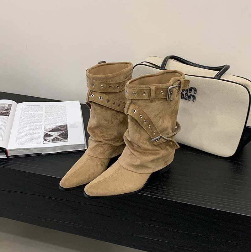 2025 New Retro Pointed Thin Boots, Belt Buckle But Knee Piling Boots Women's Thick Heel Medium Boots