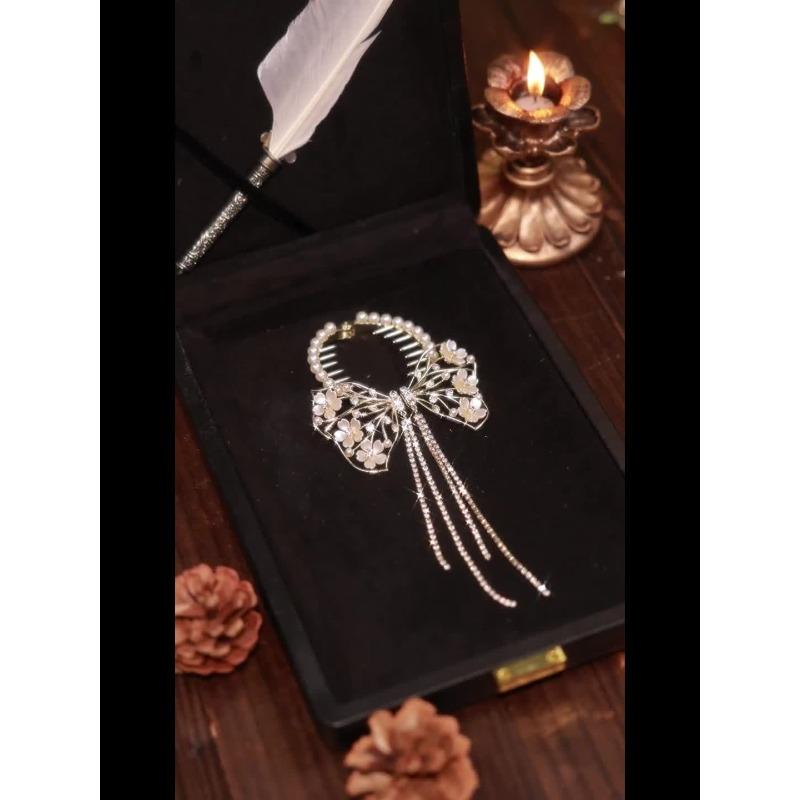 Exquisite Alloy Hair Clip Fine Hollow Out Butterfly Flower Imitation Pearl Hairpin Chic Rhinestone Tassel Ball Head Barrettes