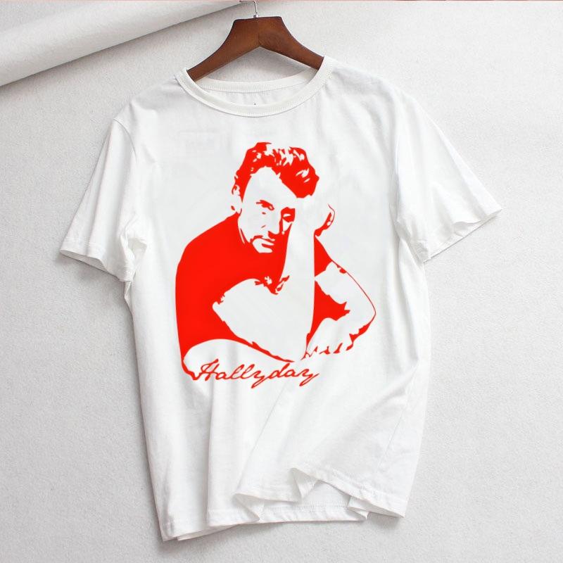 Johnny Hallyday Print T Shirt Women White and Black Shirts Fashion Round Neck Short Sleeve Cotton TShirt