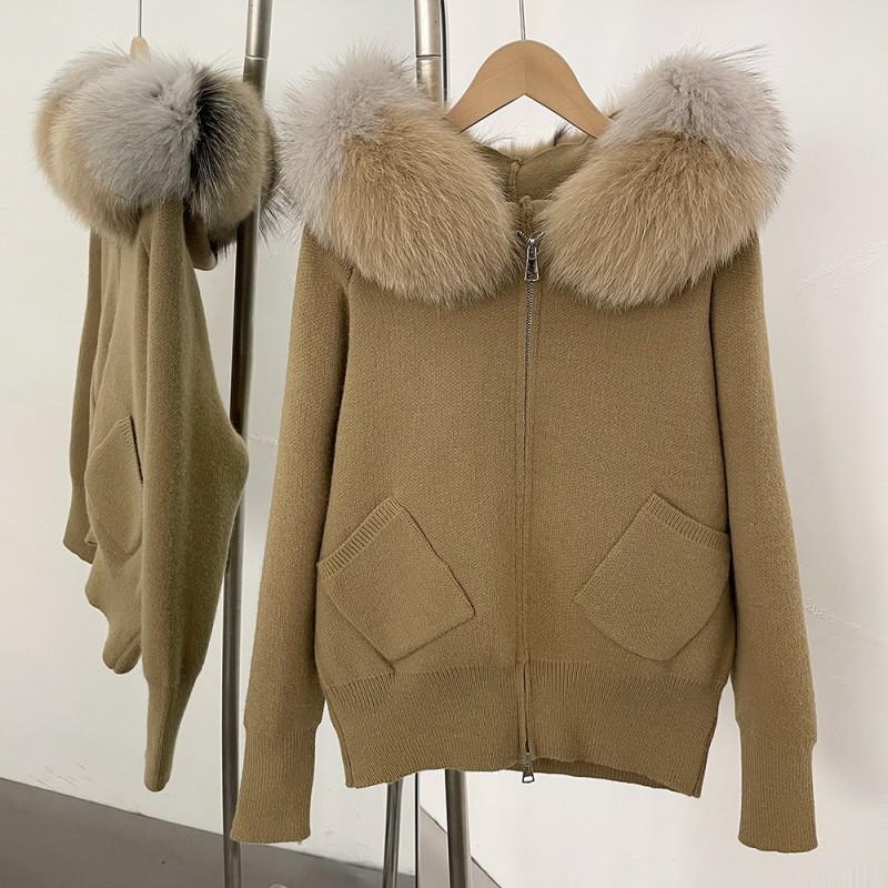 Damen Übergroßer Strick-Cardigan Mit Abnehmbarer Echtfuchsfell-Kapuzenrand Lockerer Schnitt Langarm Reißverschluss Vorne Pullover