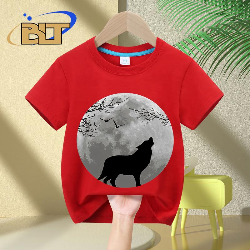 Howling Wolf printed kids Tshirt summer childrens pure cotton shortsleeved casual tops boys and girls gifts