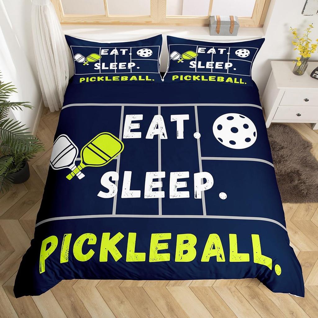 Pickleball Duvet Cover Full Size Ball Sports Gaming Bedding Set Yellow White Quotes Comforter Cover Black Microfiber Quilt Cover