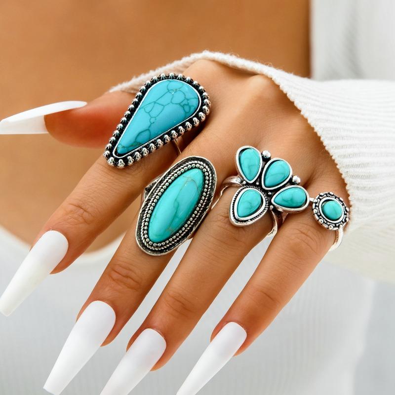 European and American Ethnic Style Carved Feather turquoise Ring Retro Personality Ring Set Combination Ring Set