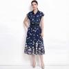 Summer Turn Down Collared Short-Sleeve Midi Dress Women's Elegant Butterfly Print Rangle Sleeve Slim Shirt Dress