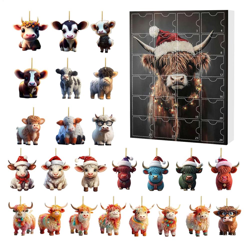 Christmas Advent Calendar 24 Days Highland Cow Ornaments 2D Acrylic Cute Animal Christmas Tree Decorations Xmas Countdown Gifts