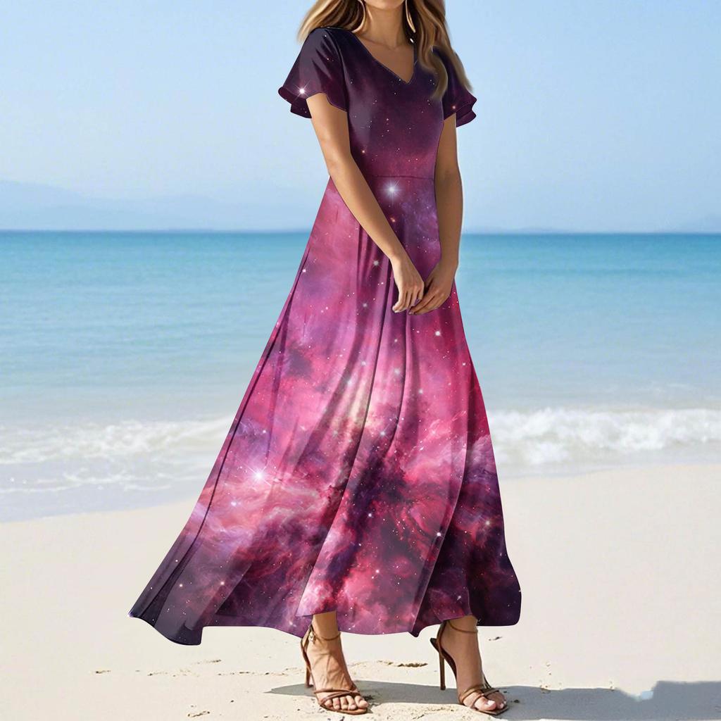 Women's Summer Casual Fashion -Print V-Neck Short-Sleeve Patchwork Dress
