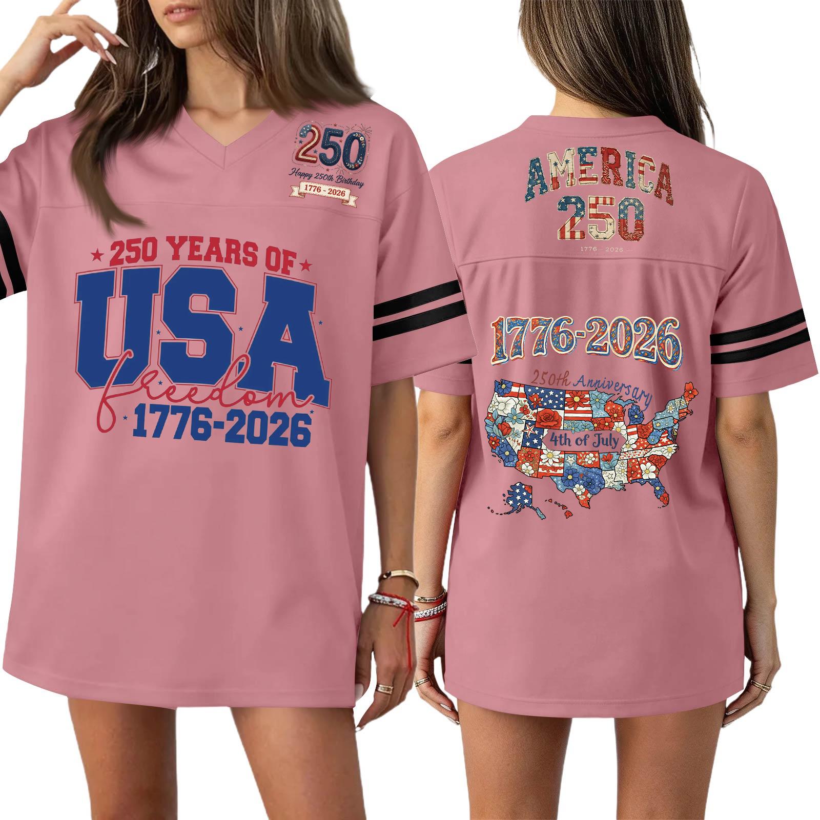 

Womens V Neck Short Sleeve Loose Fit T Shirt Dress USA 250 Years 1776 2026 Graphic Print Casual Top Jersey Style XS розовый
