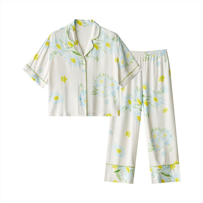 2024 Summer Tribute Satin Sunflower Pajamas Women Thin Loose Version Short sleeve Cotton Silk Trousers Rayon Homewear