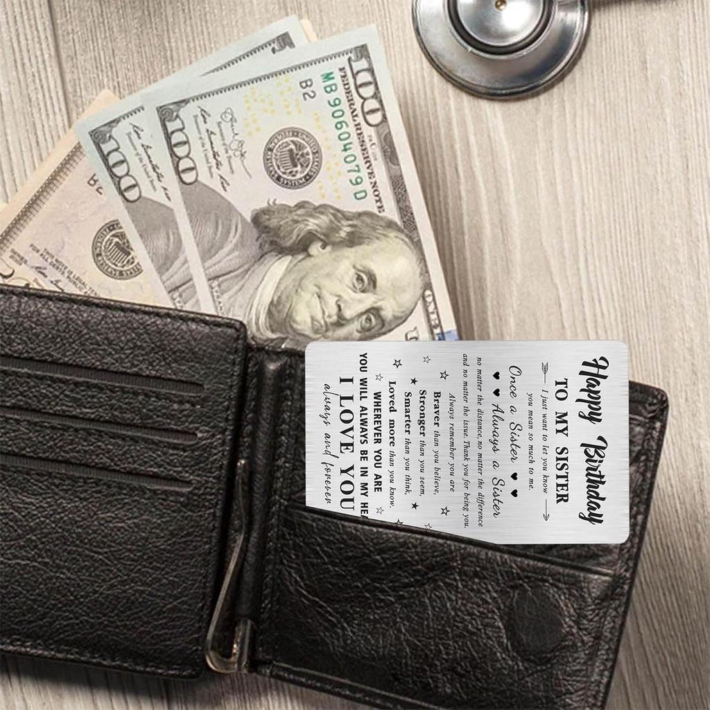 Alotozo Personalized Birthday Card for Sister - Laser Engraved Stainless Steel Wallet Card, Sister Birthday Gift, Durable Bday Keepsake