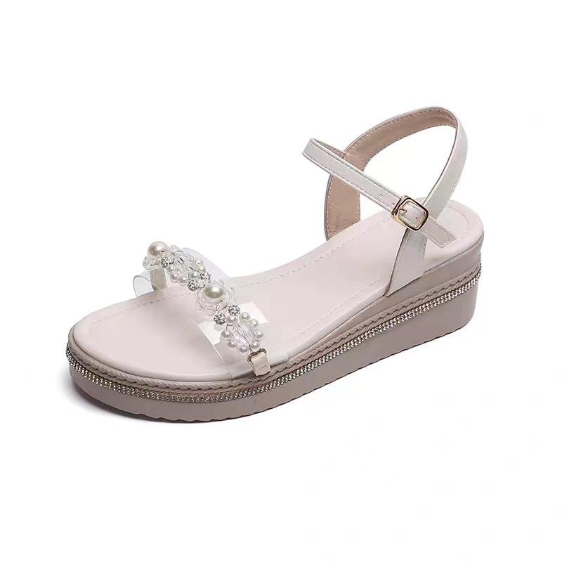 

Fashion pearl beading transparent platform sandals women thick bottom summer wedges shoes ankle strap gladiator sandalias mujer 2025 34 абрикосовый
