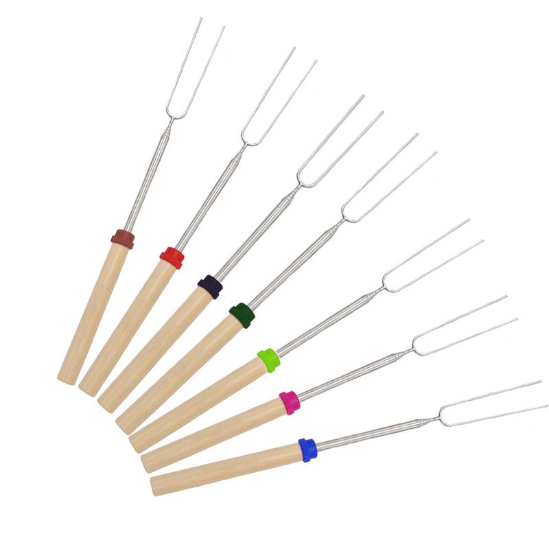 Stainless Steel Telescopic BBQ Fork with Wooden Handle - U-shaped Skewer for Hot Dogs