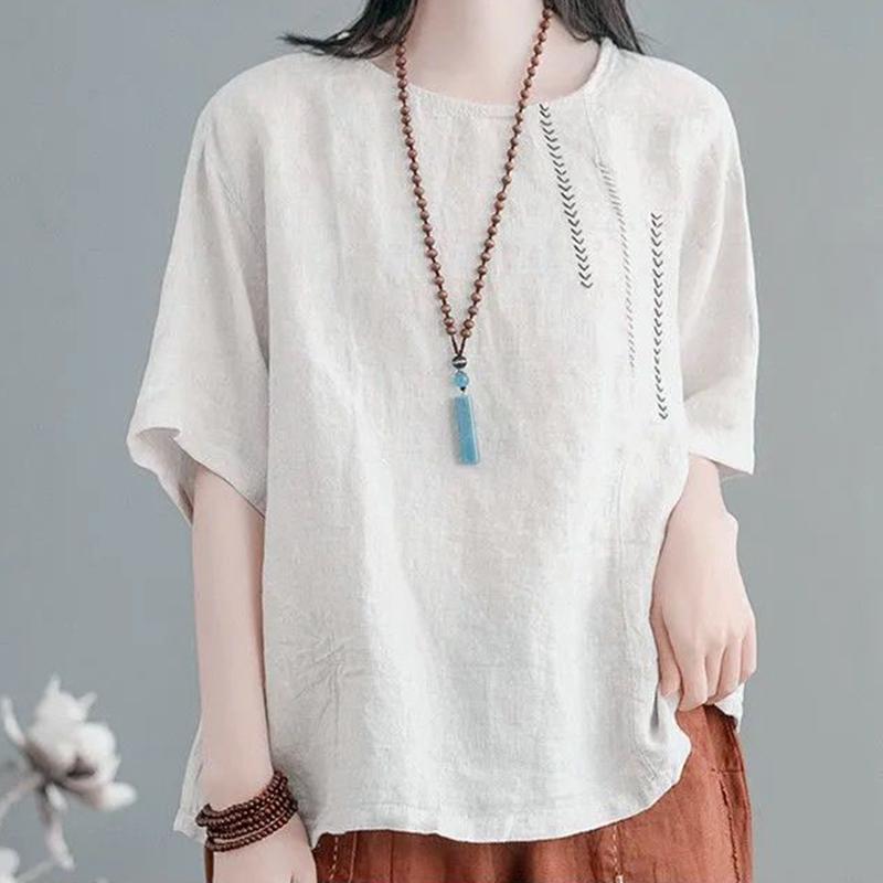 

Плюс размер M-3XL Женская футболка Летняя блузка с короткими рукавами с круглым вырезом Свободные модные винтажные вышитые женские топы в национальном стиле 3XL грязно-белый