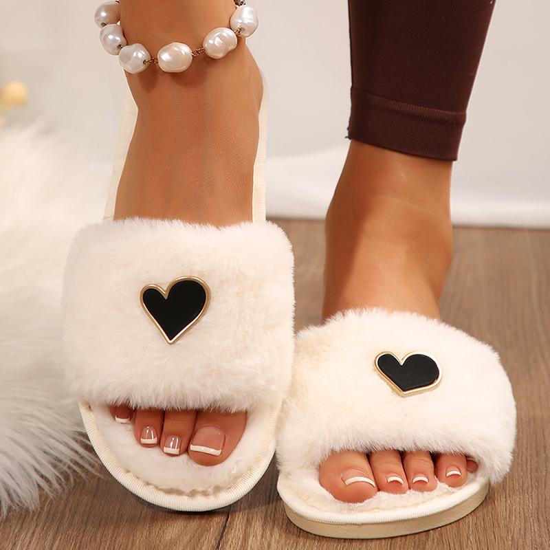 Fashion Black Fur Autumn Winter 2025 Woman Indoor Slippers Heart Shaped Soft Sole Women's Home Slippers Furry Plush Bedroom Slides Shoes