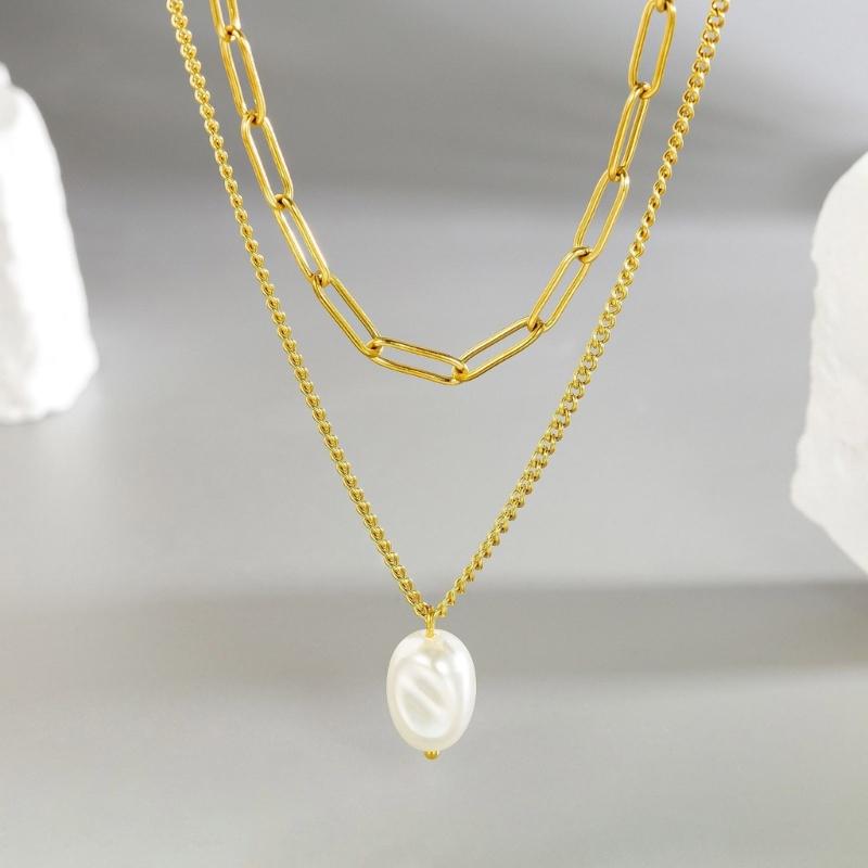 Two Layer Pearls Chokers Necklace Sturdy Titanium Steel Minimalist Jewelry Comfortable for Women Gift