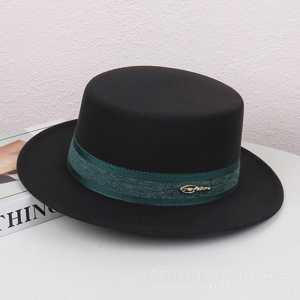 French fashion new autumn and winter versatile elegant retro flat top hat women's fashion woolen temperament personalized jazz hat