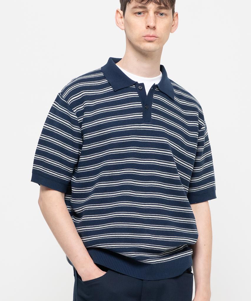 CHAMBROS Oversized Collared Short Sleeve Knit [Navy]