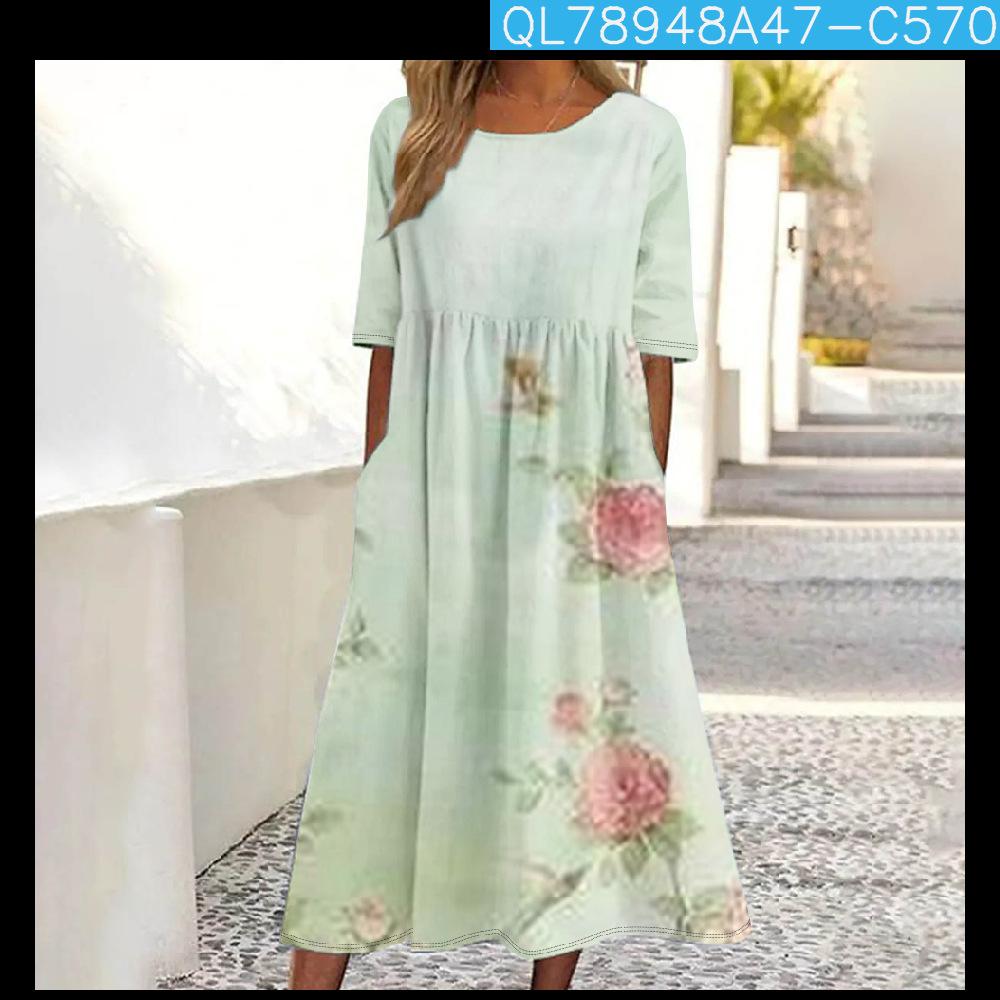 

Женское платье макси с длинным рукавом и цветочным принтом, с сине-зелено-золотистым узором 4XL