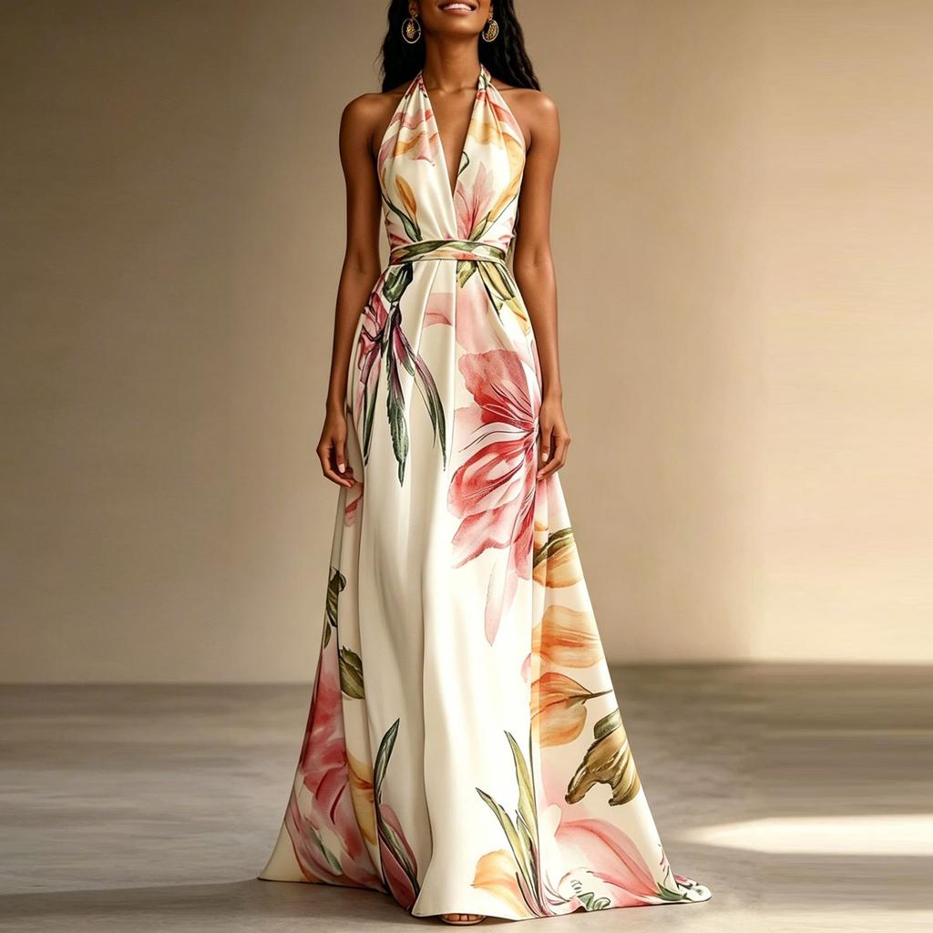Women Neck Long Dress Backless Vacation Style Elegant Maxi Dress with Adjustable Tie and Floral Print for Summer Outings