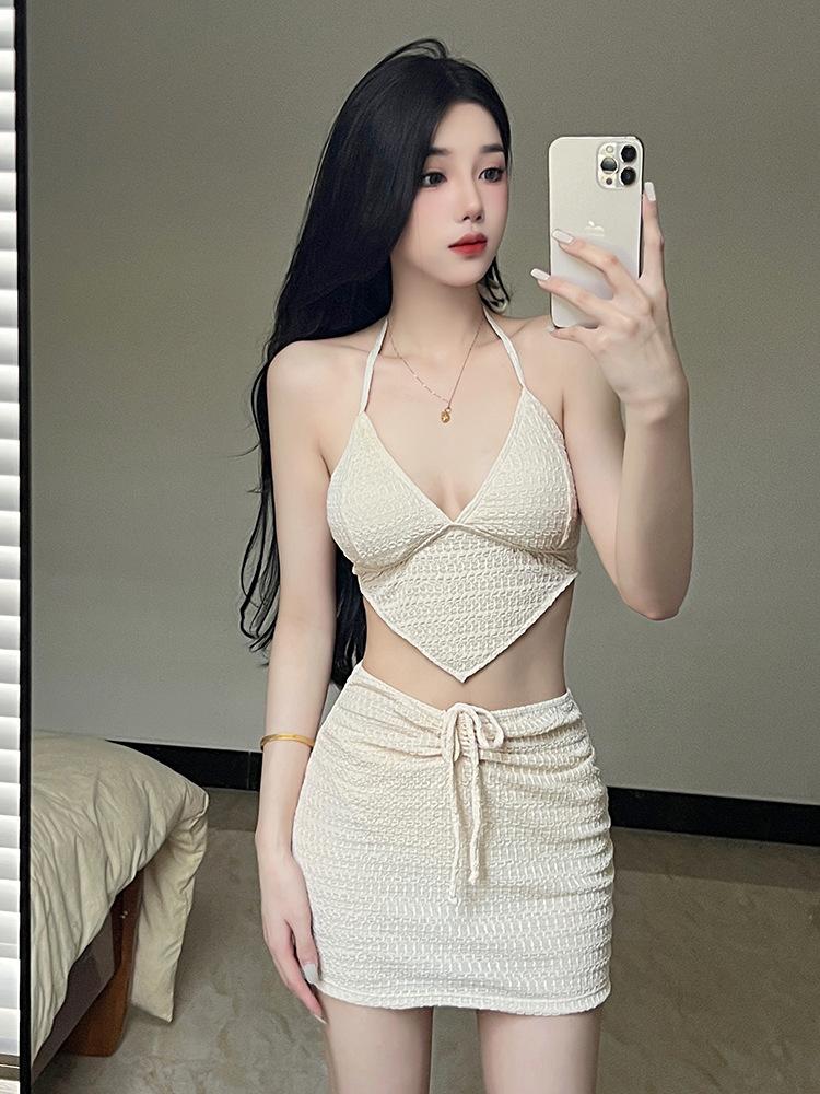 Open Back Lace Up Tank Top Skirt Set Halter Lace Up Small Vest Skirt Set M бежевый