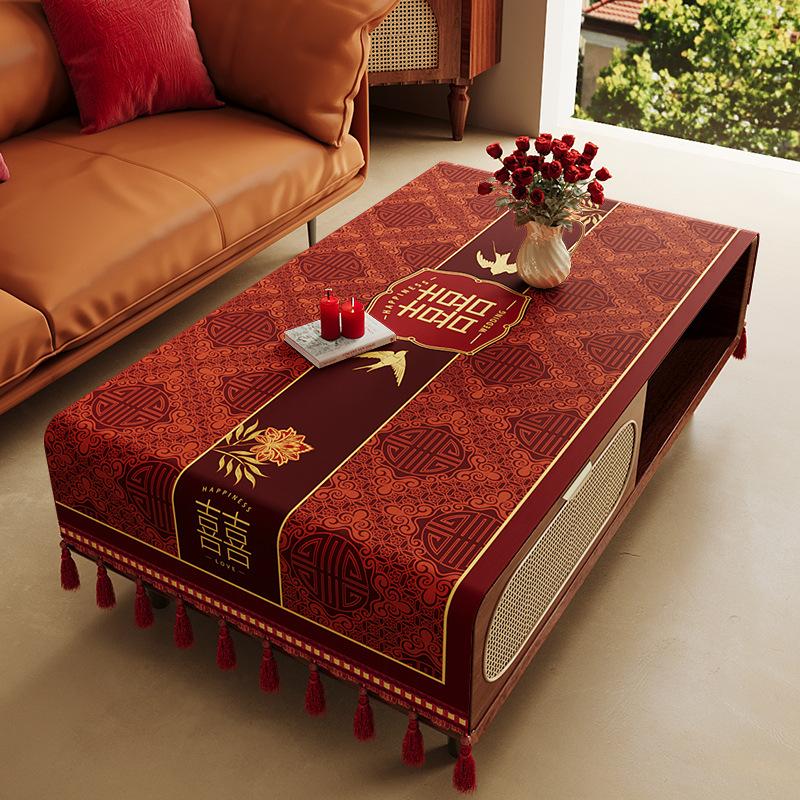 Red Festive Living Room Wedding Coffee Table Tablecloth Atmosphere Engagement Rectangular Dining Table Tablecloth Desktop Dust Cover