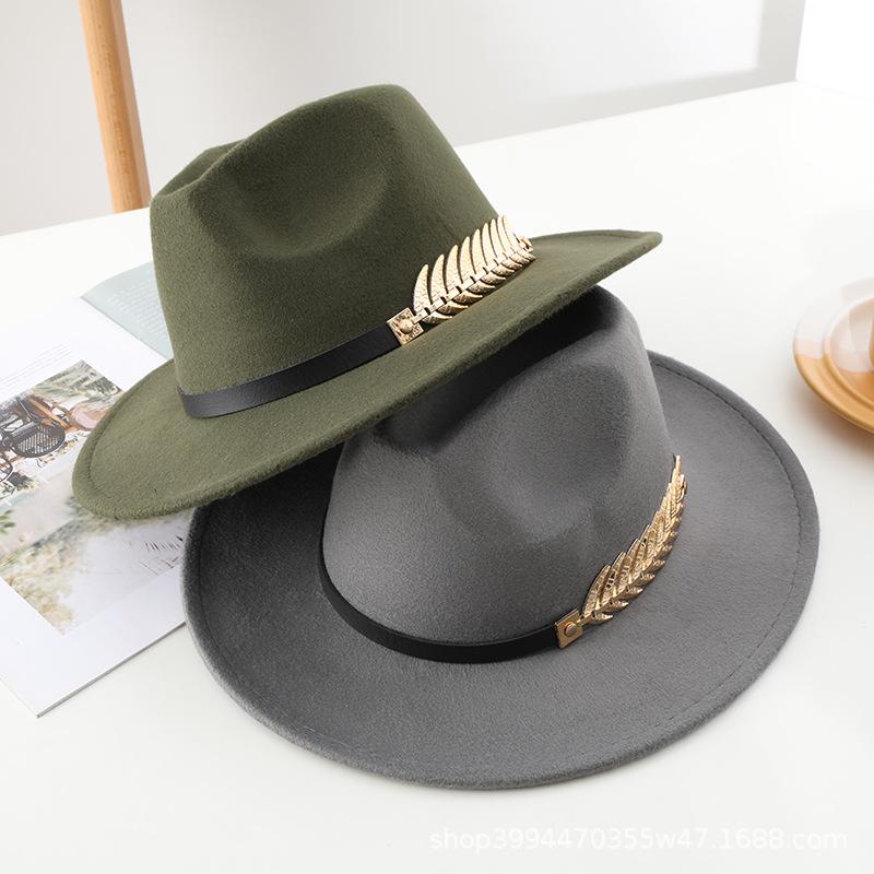 Autumn and winter new woolen top hat men's jazz hat retro black woolen jazz hat flat-brimmed big eaves hat