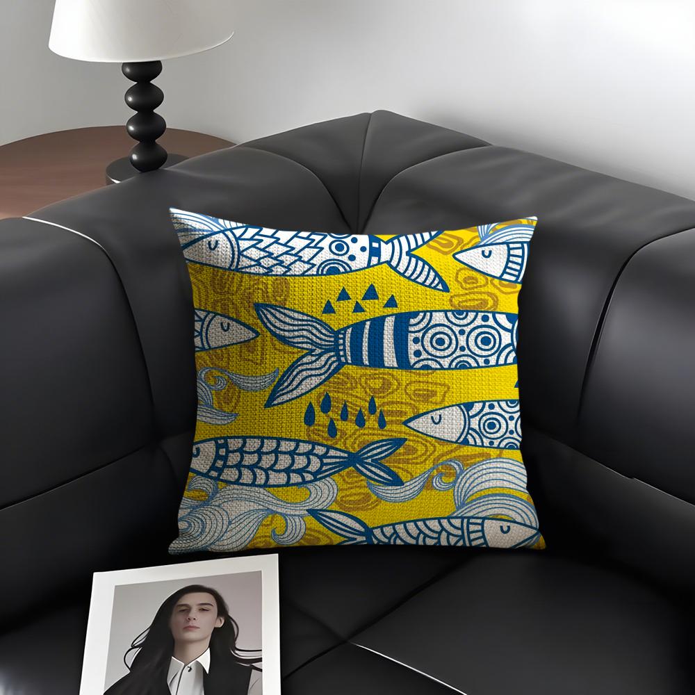 Cute Coastal Charm Sardine Cushion Cover Natural Linen Organic Fabric DoubleSided Printing Sofa Home Decor Gift Pillow Case