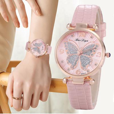 Damen Schmetterling Strass Zifferblatt Quarzuhren Damen Armbanduhren Einfache Lederuhr