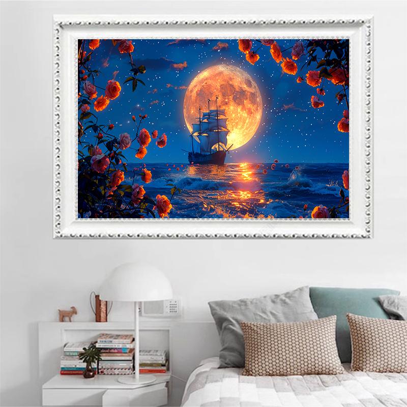 5d DIY Diamond Painting Cross Stitch Moon Sailboat Night View Diamond Embroidery Mosaic Full Round Drill Home Decor