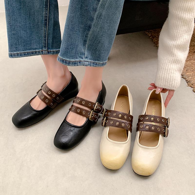 Black French Double-strap Mary Jane Flat Shoes with Built-in Height Increase and Soft Leather for Pregnant Women