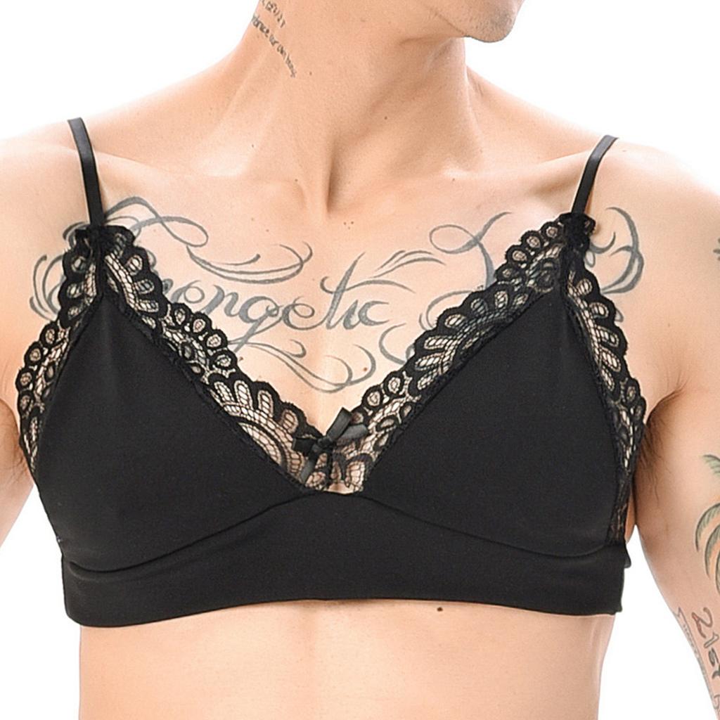 Mens Sheer Lace Bra Soft Bralette with Removable Straps Lightweight Sleepwear Loungewear
