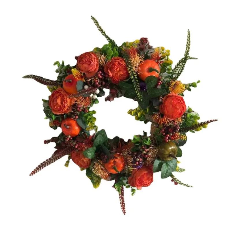 Autumn Flower Wreath Front Door Flower Wreath Outdoor Leaf Pumpkin Flower Wreath Thanksgiving Porch Decoration