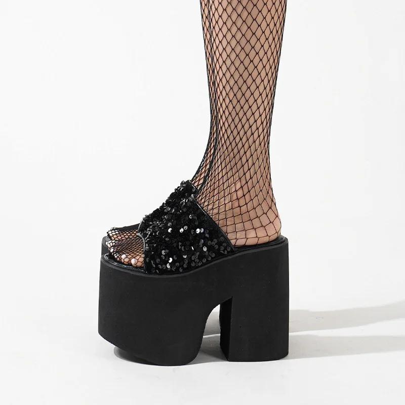 Fashion 13cm Chunky Heel Sandals For Women Black Platform Open Toe Slippers Punk High Heels Slippers Summer Sequin Shoes Sandalias Mujer