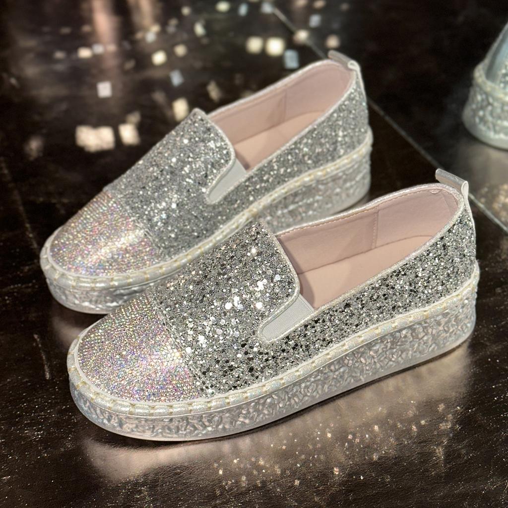 Fashion Aphixta 2025 New Bling Sequined Woman Shoes Flat With Slip On Silver Loafers Spring Woman Fashion Shoes Big Size 43