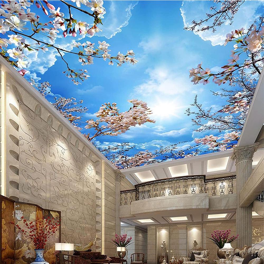 Murale 3D per Soffitto e Parete Cielo Azzurro Nuvole Bianche Fiori di Ciliegio Rosa Murale Soggiorno Camera dei Bambini Carta da Parati per Soffitto